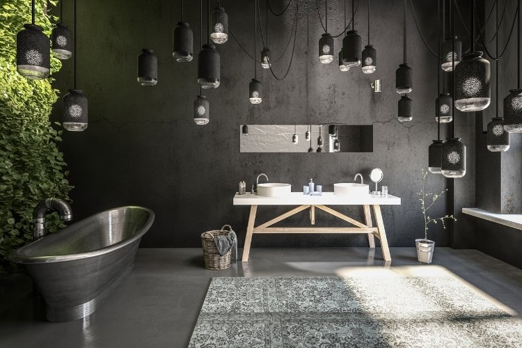 Sötét szürke és grafit árnyalatú falakkal kialakított modern fürdőszoba kontrasztos, karakteres hangulattal