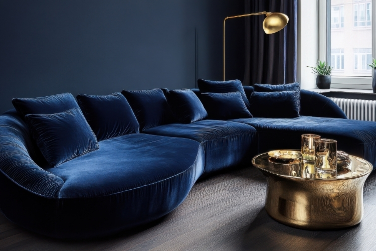 Sötétkék falszínnel kialakított elegáns nappali kontrasztos, modern megjelenéssel