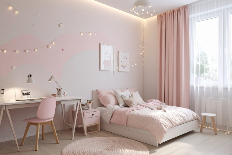 Pasztell rózsaszín falakkal kialakított világos hálószoba finom, harmonikus összhatással