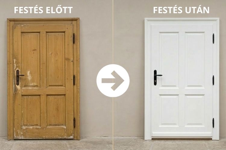 beltéri ajtó festés előtt és után kopott fa felületből fehérre festett ajtó átalakítás zománcfesték alkalmazásával