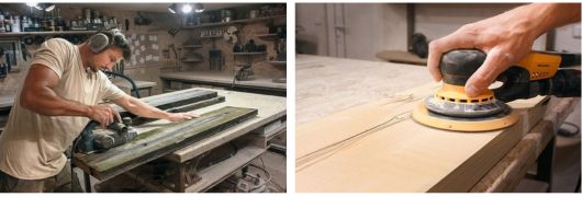 Fa felület csiszolása és előkészítése festés előtt műhelyben, elektromos csiszológéppel