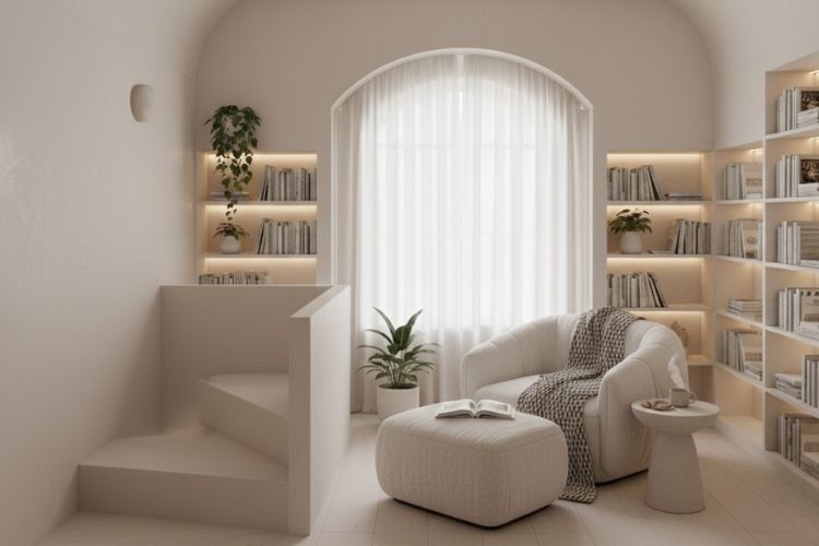 Világos enteriőr Cloud Dancer árnyalatú falfestékkel, semleges tónusú falakkal, matt felülettel és nyugodt, harmonikus összhatással