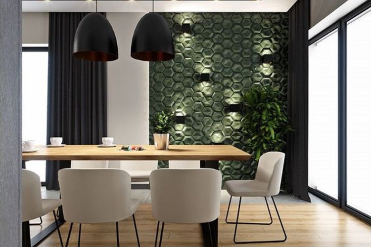 Sötét zöld 3D hatású tapéta egy letisztult modern étkezőben