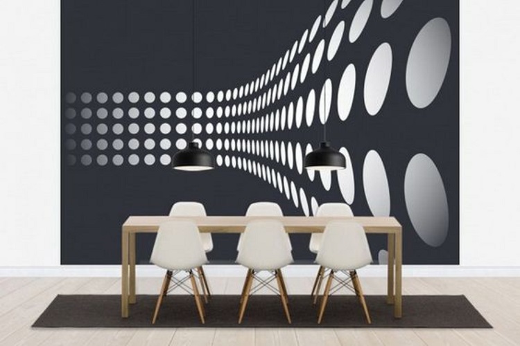 Modern étkező optikai illúzió falfestékkel, fekete-fehér fal festő művészeti alkotás