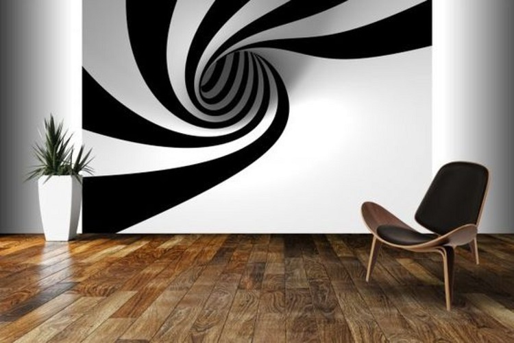 Modern letisztult beltér, örvénylő spirál fekete-fehér térhatásu falfestés