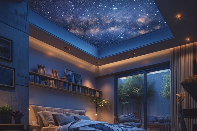 Sötétkék árnyalatú falfestékkel kialakított mennyezet hangulatvilágítással, mély tónusokkal és különleges térhatással