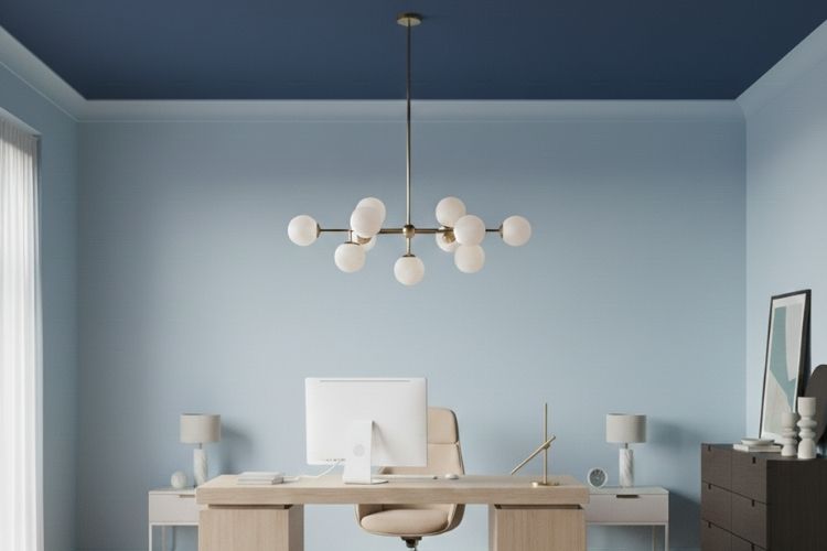 Világoskék árnyalatú falfestékkel festett dolgozószoba sötétkék mennyezettel, modern enteriőrben, letisztult bútorokkal és elegáns világítással.